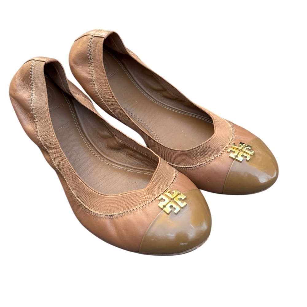 Tory Burch Jolie Cap-Toe brown Leather Ballet Flats shoes size 8.5